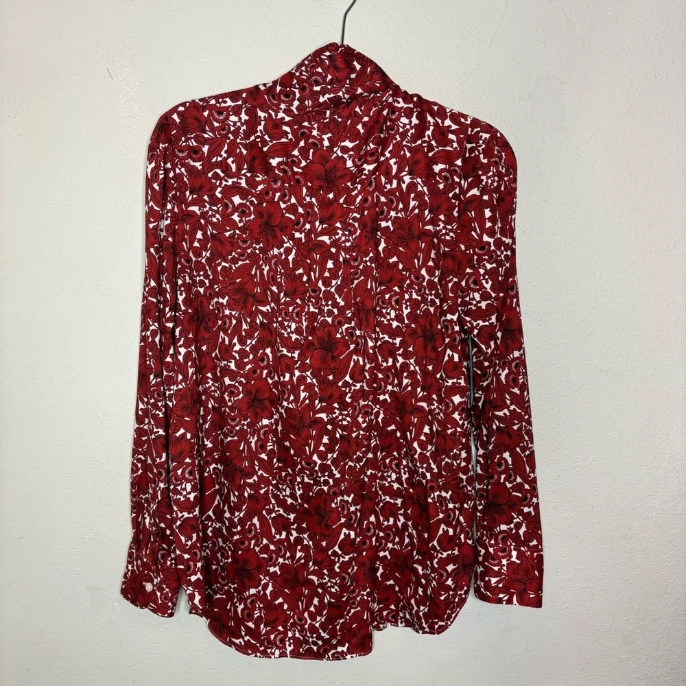 Ann Taylor Rust Orange and White Floral Blouse with Bow Collar Medium P - Picture 7 of 7